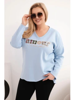 Dámská mikina Plus Size s nápisem a výstřihem do V modrá
