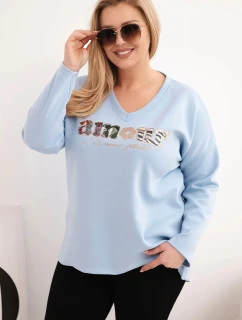 Dámská mikina Plus Size s nápisem a výstřihem do V modrá