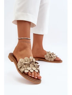 model 21650251 Dámské Kožené Žabky Na Ploché Podrážce Beige - Zazoo