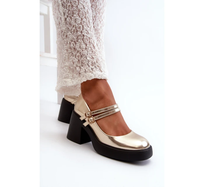 Eko Kožené Lodičky Na Masivním Podpatku Zlaté Halmina