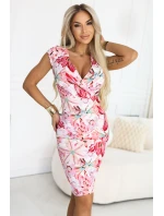 379-6 BOYKA Přiléhavé midi šaty s obálkovým výstřihem - bílé s růžovými květy 379-6 BOYKA Přiléhavé midi šaty s obálkovým výstřihem - bílé s růžovými květy