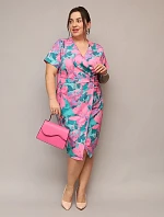 Květinové obálkové šaty ke kolenům růžovo-zelené (742)