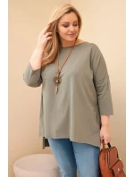 Dámská asymetrická bavlněná blůza Plus Size s náhrdelníkem khaki