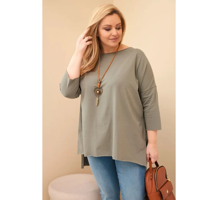 Dámská asymetrická bavlněná blůza Plus Size s náhrdelníkem khaki