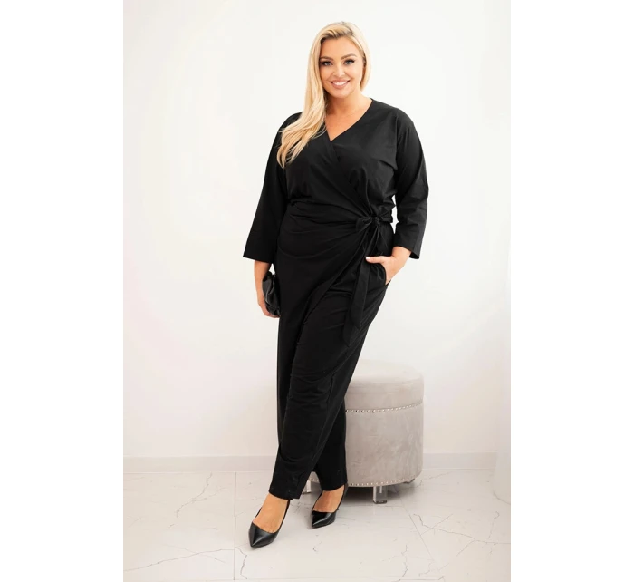 Dámský bavlněný overal Plus Size s vázáním v pase a 3/4 rukávem černý