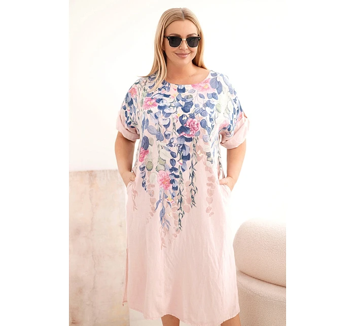 Dámské viskózové šaty Plus Size s krátkým rukávem a rozparky na bocích pudrově růžová