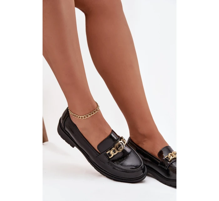 Lakované dámské mokasíny se zlatým ozdobným S Bar ski HY52 539 černé