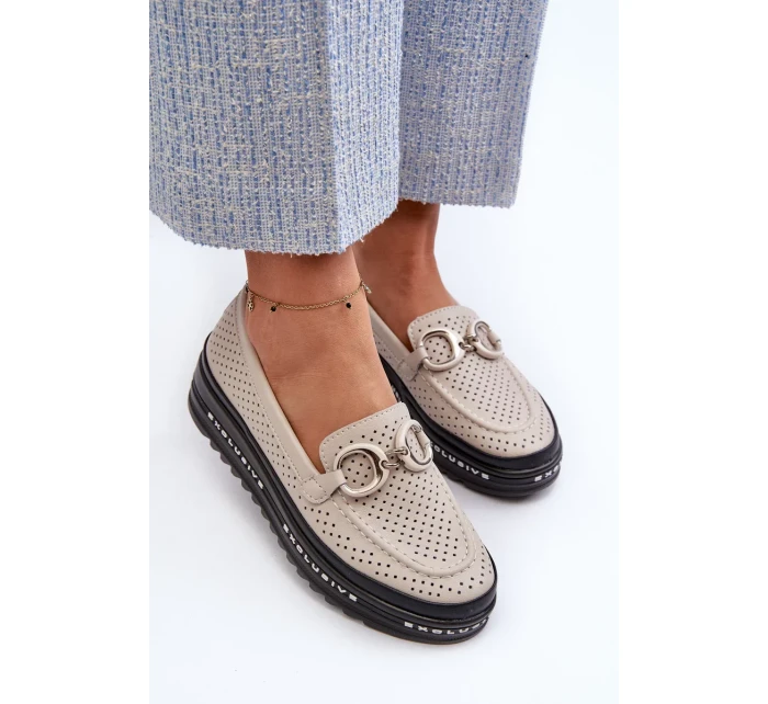 Dámské kožené mokasíny na platformě s ozdobou S.Barski béžová Dámské kožené mokasíny na platformě s ozdobou S.Barski béžová