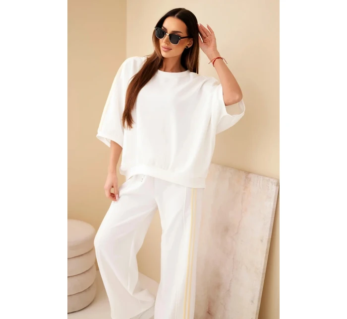 Dámský komplet z viskózy máslový se širokými nohavicemi a volnou blůzou bílý
