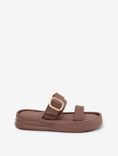 Materiálové dámské pantofle na platformě s pásky a zlatou sponou Khaki Ameliette