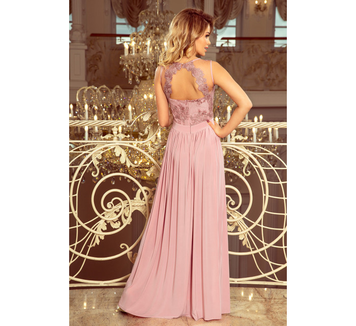 Dlouhé šaty s krajkovým výstřihem Numoco LEA - růžové