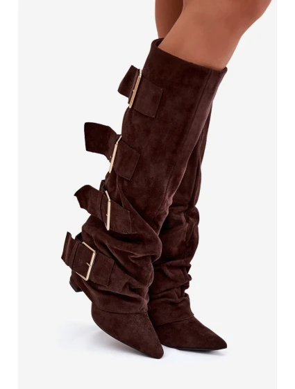 Dámské kozačky na sloupku a zlatými přezkami – čokoládové Isavelle Dámské kozačky na sloupku a zlatými přezkami – čokoládové Isavelle