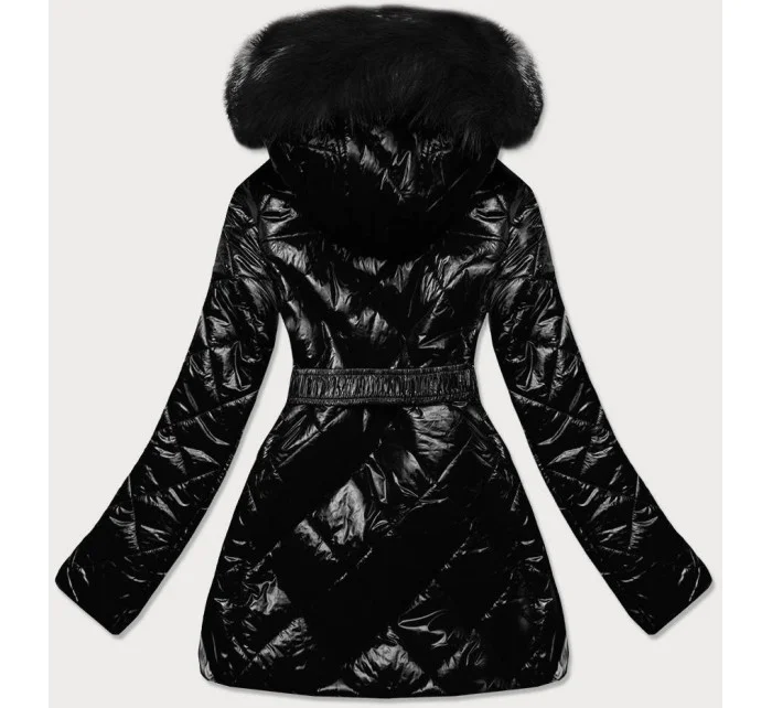 Černá lesklá zimní bunda s černou mechovitou kožešinovou podšívkou a černou kožešinou u kapuce (w756)