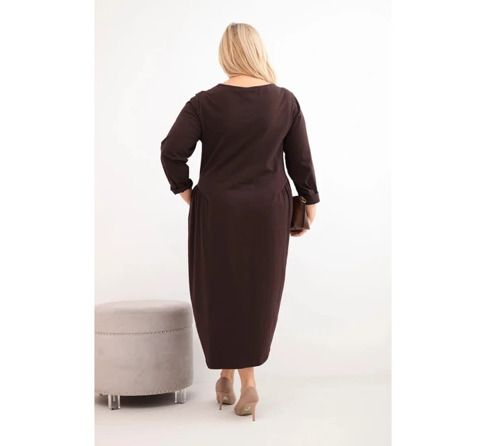 Dámská sukýnka Plus Size bavlněná s dlouhým rukávem a nařasením v pase hnědá