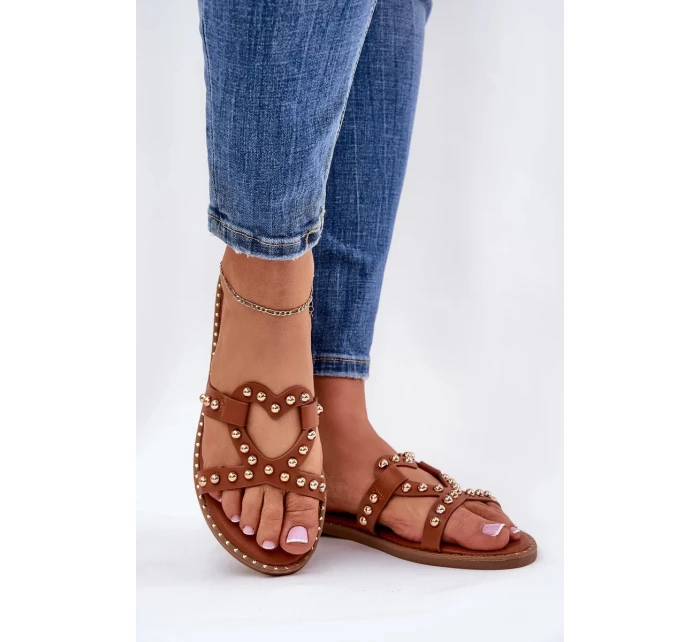 Dámské zdobené ploché pantofle – camel Adivrae