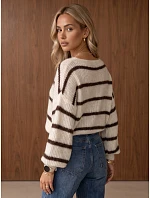 Dámský oversize svetr s pruhy v barvě ecru FashionStreet MY2643 Dámský oversize svetr s pruhy v barvě ecru FashionStreet MY2643