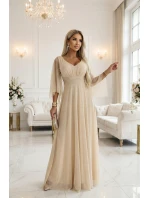 655-4 Dlouhé lehké třpytivé šaty s výstřihem a průhlednými rukávy - šampaňsko-béžová barva 655-4 Dlouhé lehké třpytivé šaty s výstřihem a průhlednými rukávy - šampaňsko-béžová barva