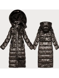 Dlouhá prošívaná bunda v čokoládové barvě pro přechodné období s kapucí (T3-2629#-103)