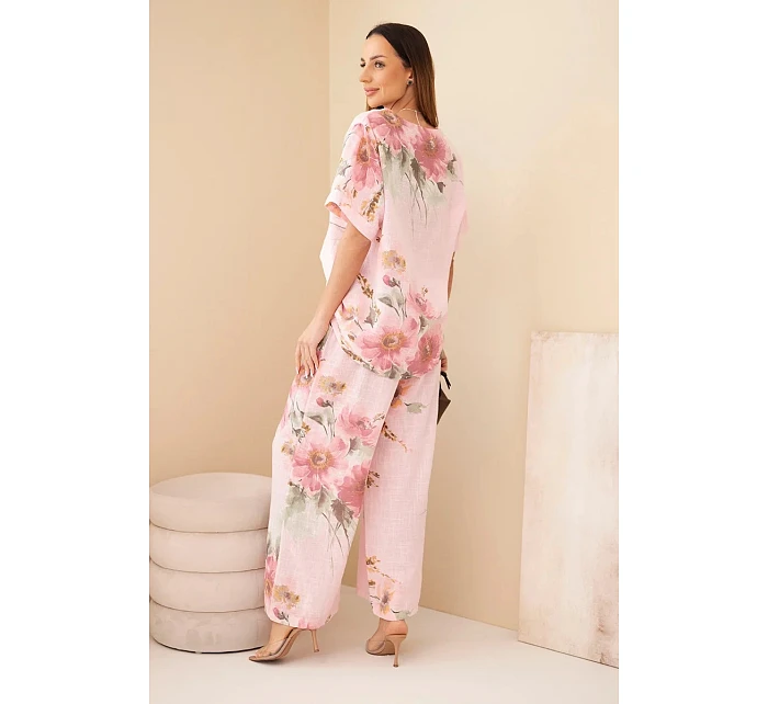 Dámský bavlněný komplet s krátkým rukávem a širokou nohavicí bonbónově růžová