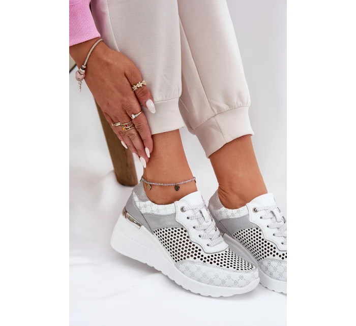 Kožené Ažurové Sportovní Boty Sneakers Na Klínu Bílé model 21691047 - S.Barski Kožené Ažurové Sportovní Boty Sneakers Na Klínu Bílé model 21691047 - S.Barski