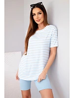 Dámský viskózový pruhovaný komplet s krátkým rukávem a kraťasy modrý