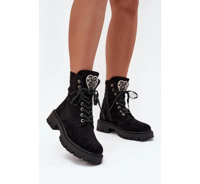 Boty Pracovní S Bižuterními Doplňky Zateplené Eko Semišové Černé Miryssa