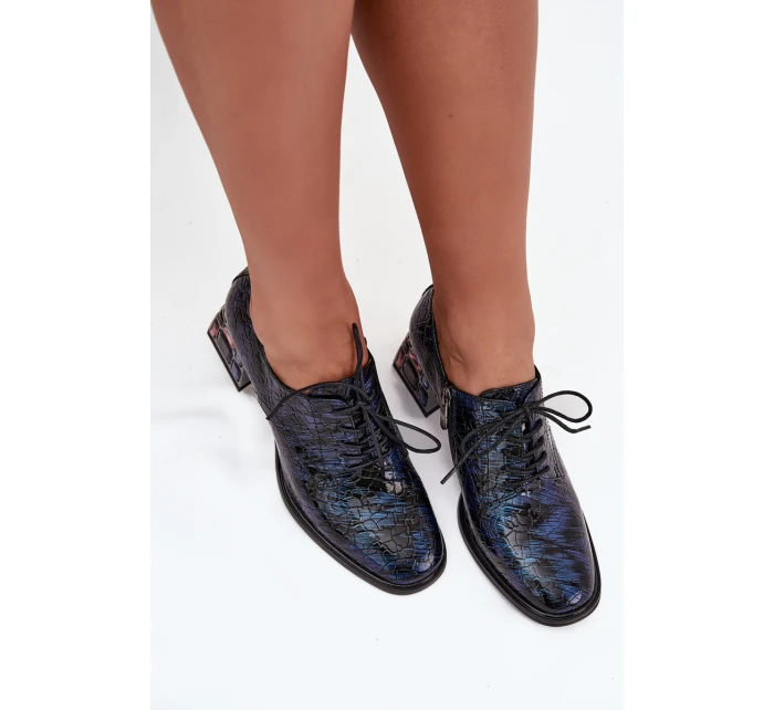 Dámské kožené lakované polobotky na podpatku s krystalky Artiker – tmavě modré