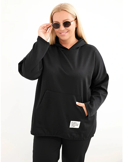 Dámská mikina Plus Size z viskózy s kapucí a klokánkou kapsou černá Dámská mikina Plus Size z viskózy s kapucí a klokánkou kapsou černá