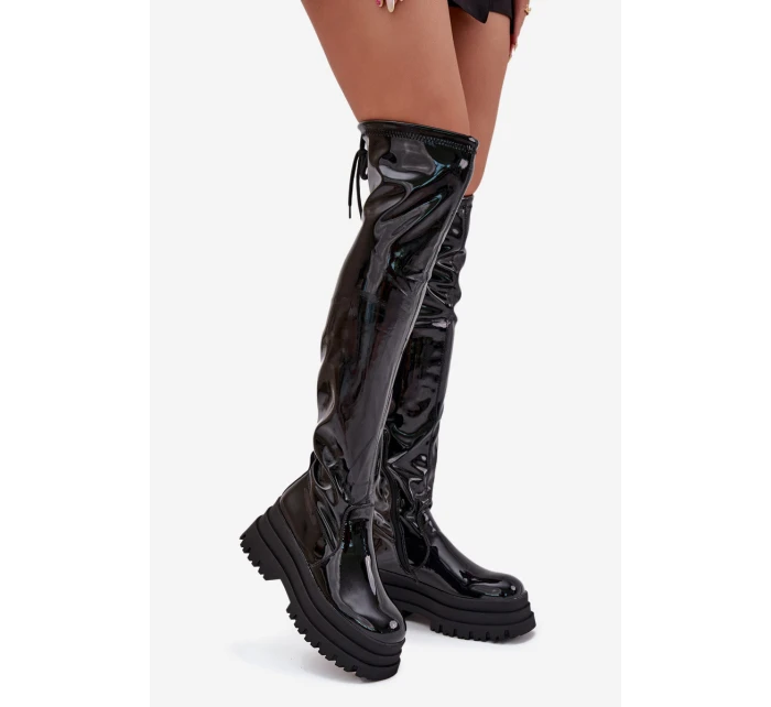 Lakované Kozačky Nad Kolena Na Masivní Platformě Černé Ravela Lakované Kozačky Nad Kolena Na Masivní Platformě Černé Ravela