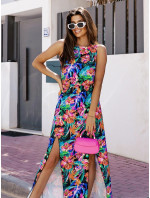 Dlouhé multibarevné dámské šaty s gumou v pase (8183)