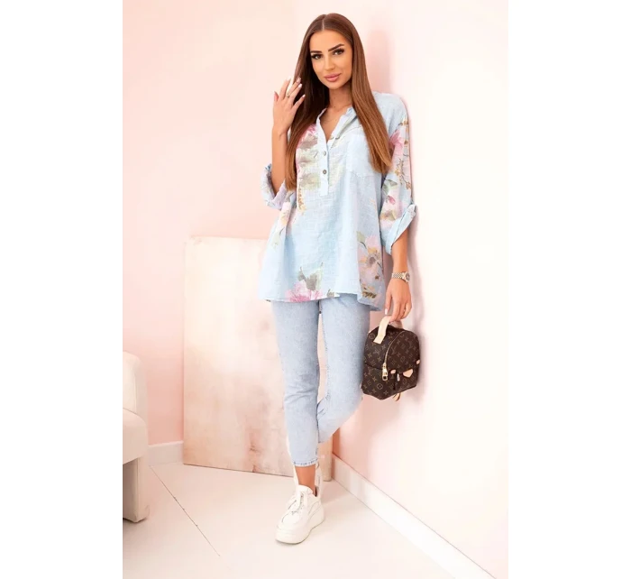 Dámská blůza z bavlny s květinovým vzorem a knoflíky modrý Dámská blůza z bavlny s květinovým vzorem a knoflíky modrý