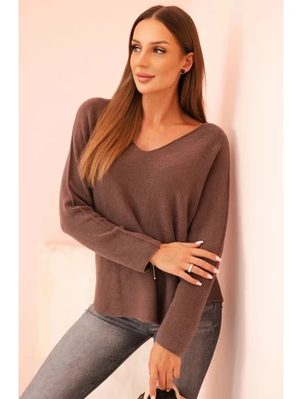Dámský svetr s viskózou a výstřihem do V mocca