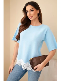 Dámský svetr s krátkým rukávem a krajkou modrý