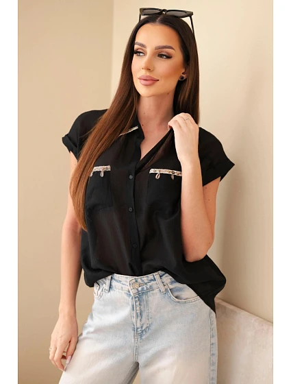 Dámská košile z tencelu s ozdobným límečkem a kapsami černá