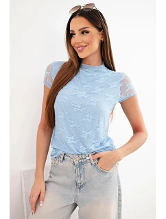 Dámská viskózová krajková halenka s krátkým rukávem a polorolákem modrá