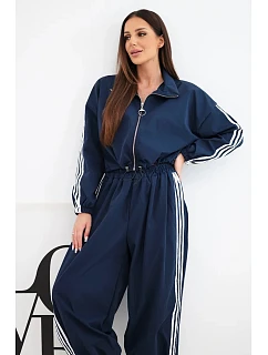 Dámský bavlněný komplet s oversized kalhotami a kontrastními lampasy modrý