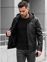 Pánská kožená zateplená bunda s kapucí, černá, FashionStreet TX5149 Pánská kožená zateplená bunda s kapucí, černá, FashionStreet TX5149