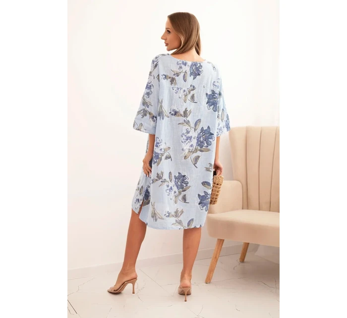 Dámská bavlněná šaty s květinovým vzorem a 3/4 rukávem modrá