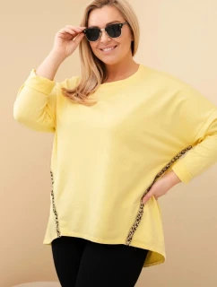 Dámská blůza Plus Size bavlněná s ohrnovacími rukávy a lampasem v leopardím vzoru žlutý