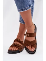 Dámské pantofle s pásky a zlatým sponou Hnědé model 21954730 - Boto