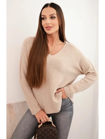 Dámský svetr s viskózou a výstřihem do V tmavě béžový Dámský svetr s viskózou a výstřihem do V tmavě béžový