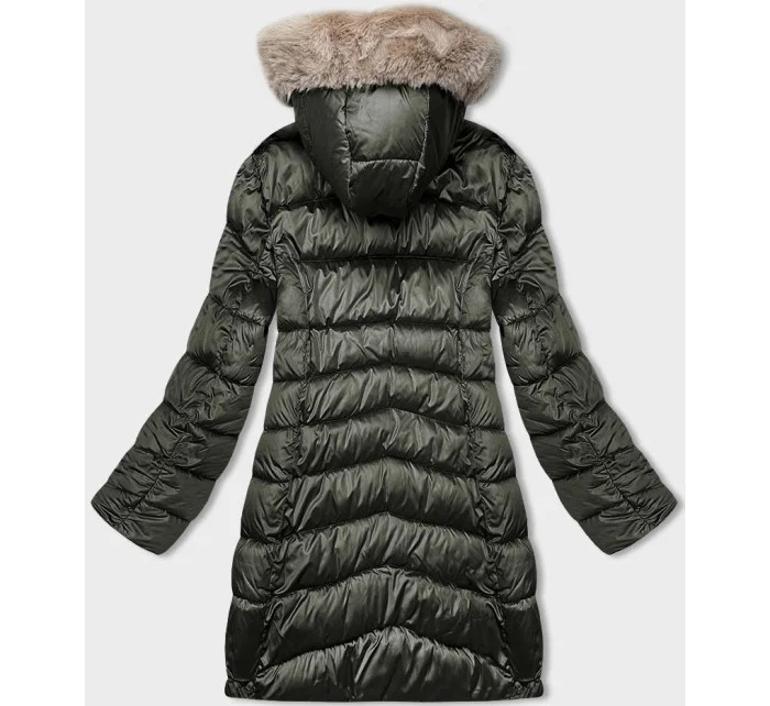 Khaki-béžová dámská oboustranná zimní bunda s kapucí (B8202-11046)