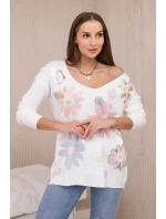 Svetrová halenka s barevnými květy růžová+šedá