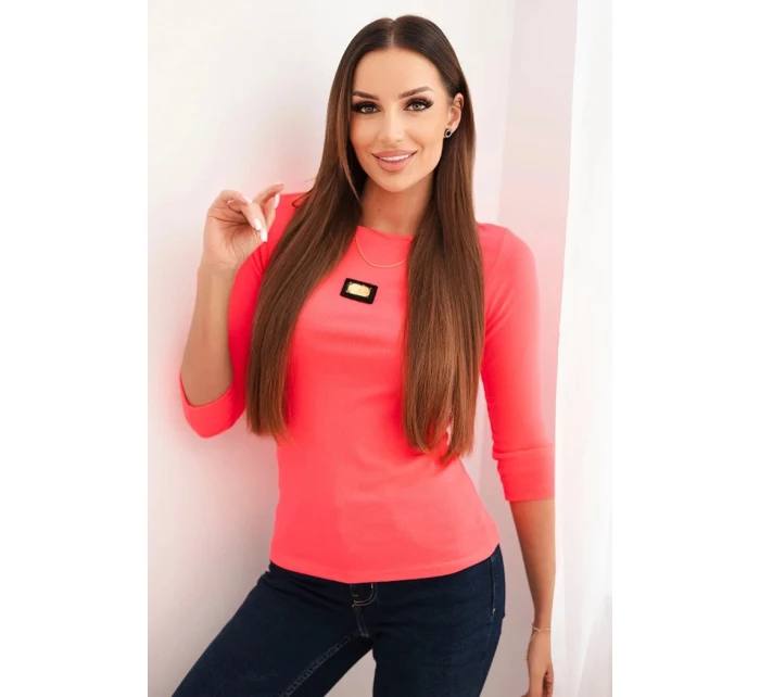 Dámská pruhovaná blůza s 3/4 rukávem a ozdobnou nášivkou růžový neon