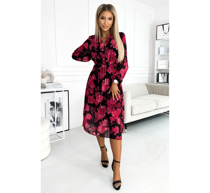 Černé dámské plisované midi šaty se vzorem  s a s dlouhými rukávy model 21486658 - numoco basic