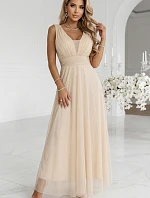 637-4 Dlouhé maxi šaty s brokátovými třpytkami a hlubokým výstřihem - šampaňsko-béžové