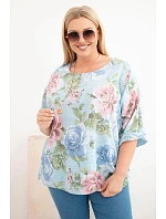 Dámská bavlněná halenka Plus Size s krátkým rukávem a květinovým vzorem modrá