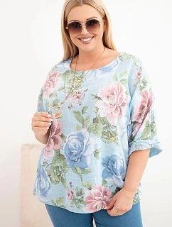 Dámská bavlněná halenka Plus Size s krátkým rukávem a květinovým vzorem modrá