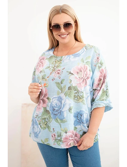 Dámská bavlněná halenka Plus Size s krátkým rukávem a květinovým vzorem modrá