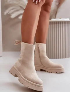 Semišové kotníkové boty na plochém podpatku šněrovací béžové model 20712785 - Kesi